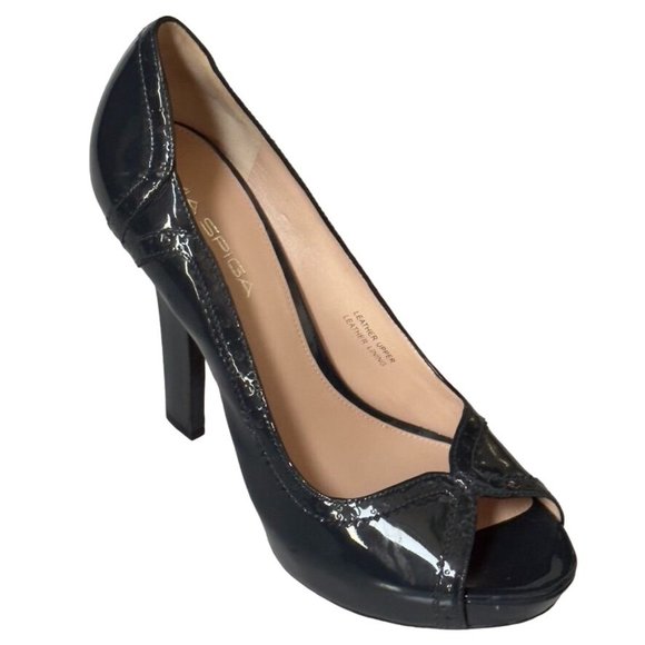 Via Spiga Shoes Dark Teal Patent Leather Stiletto Heel Peep Toe Pumps Womens 8M - Picture 1 of 16